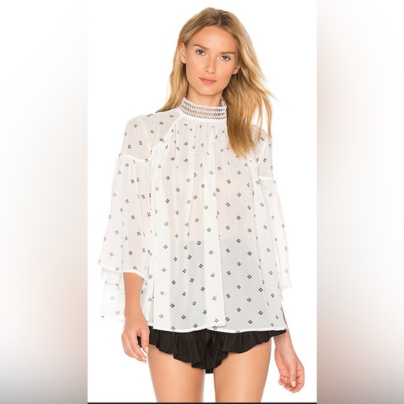 REVOLVE Tops - Revolve Acler Oxford blouse in bead print white high neck size 8 semi sheer
